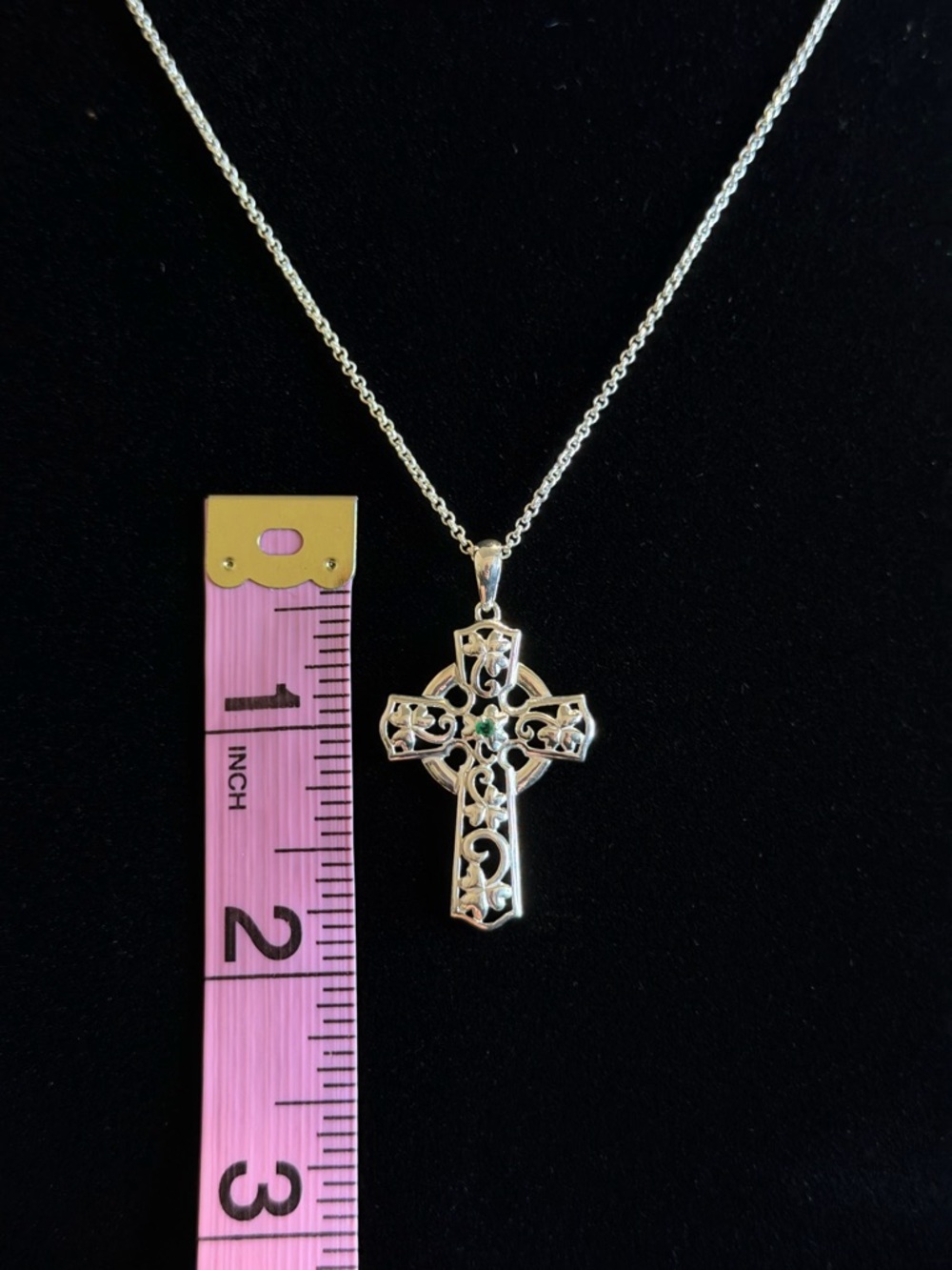 925 Italy Silver Celtic Cross Necklace with Green Stone Accent - Picture 4 of 5